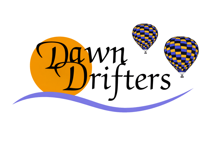 Logo with 'Dawn Drifters', sun background, two blue and yellow balloons, and purple curve.
