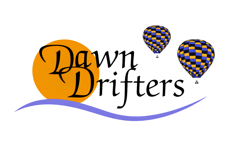 Logo with orange sun, 'Dawn Drifters' text, and two checkered hot air balloons.